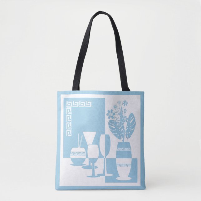 Painting vase with flowers and wine glasses sky bl tote bag (Front)