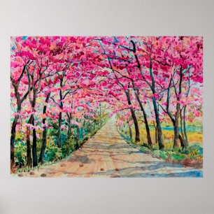 Painting watercolor landscape pink red colour Tunn Poster