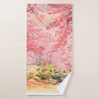 Painting watercolor landscape pink red flower of W Bath Towel