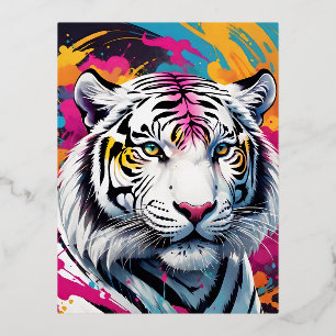 Paints explosion of colours white tigers man head foil holiday postcard