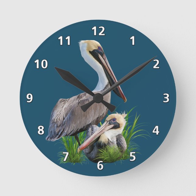 Pair of Brown Pelicans, Customisable Round Clock (Front)