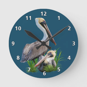 Pair of Brown Pelicans, Customisable Round Clock