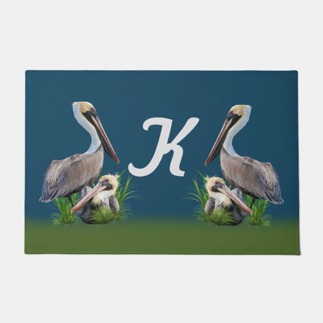 Pair of Brown Pelicans, Monogram Doormat (Front)