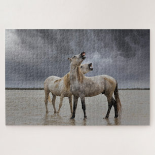 Pair of Camargue Horse Stallions, Southern France Jigsaw Puzzle