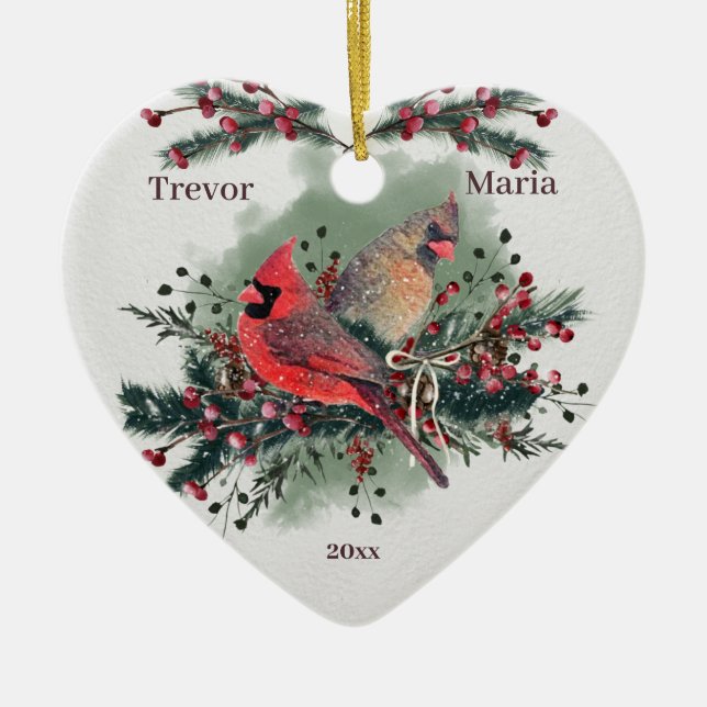 Pair of Cardinals 1st Christmas Together Ceramic Tree Decoration (Front)