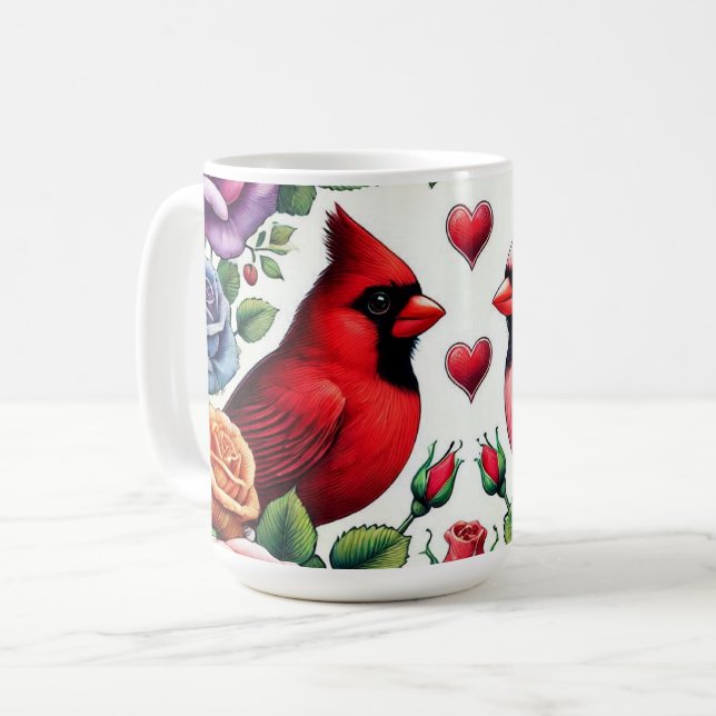 Pair of Cardinals Amid Vibrant Roses Coffee Mug (Front Left)