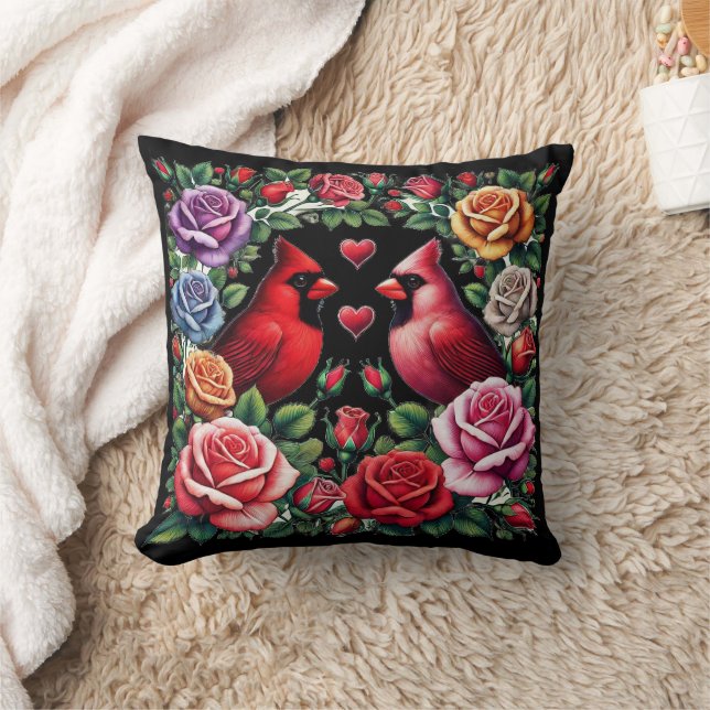 Pair of Cardinals Amid Vibrant Roses Cushion (Blanket)