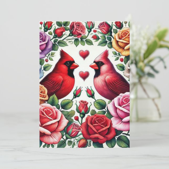 Pair of Cardinals Amid Vibrant Roses Holiday Card (Standing Front)