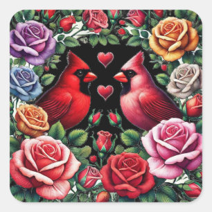 Pair of Cardinals Amid Vibrant Roses Square Sticker
