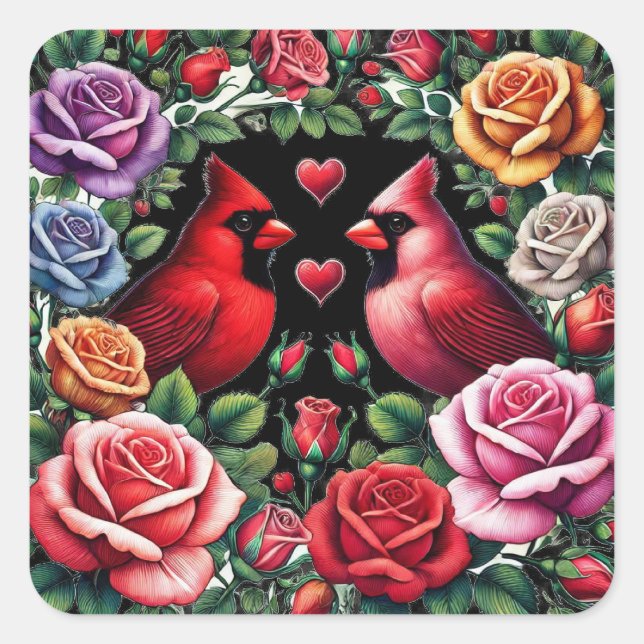Pair of Cardinals Amid Vibrant Roses Square Sticker (Front)