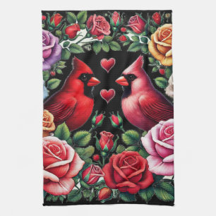 Pair of Cardinals Amid Vibrant Roses Tea Towel