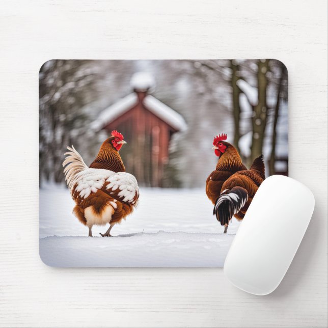 Pair of Chickens In Snow Mouse Mat (With Mouse)