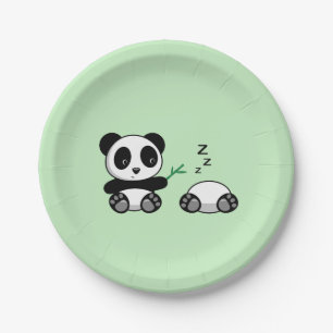 Pair of Cute Little Pandas on Green Paper Plate