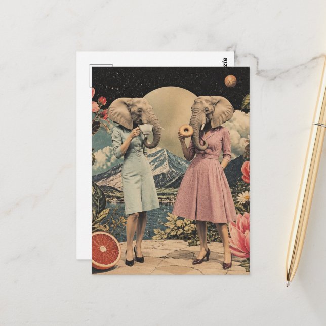 pair of elephant ladies Surreal breakfast collage Postcard (Front/Back In Situ)