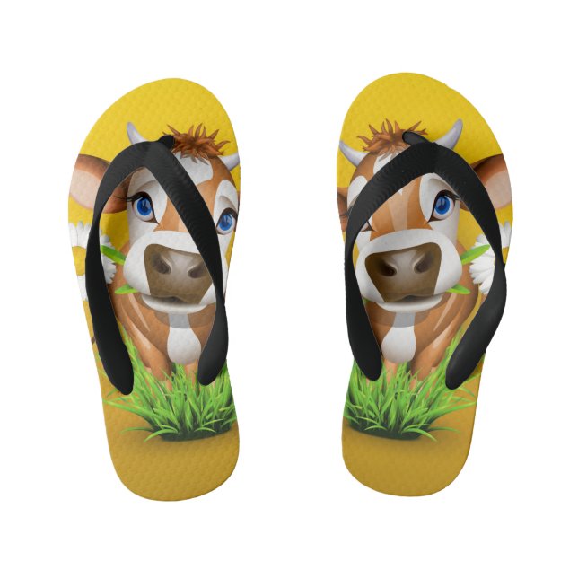 Pair of Flip Flops with Jersey cow over yellow (Footbed)