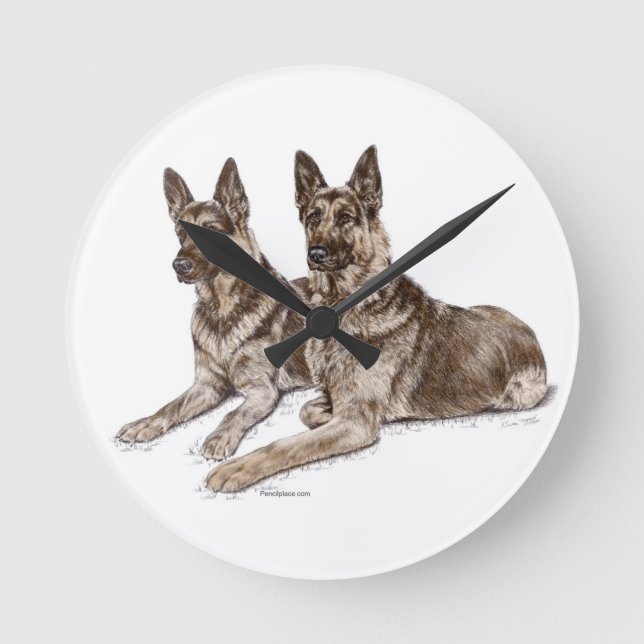 Pair of German Shepherd Dogs Round Clock (Front)