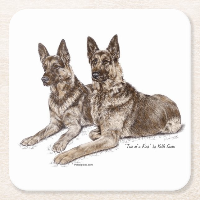 Pair of German Shepherd Dogs Square Paper Coaster (Front)