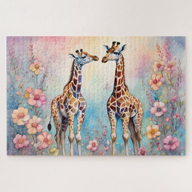 Pair of Giraffes In a Pastel Garden Jigsaw Puzzle (Horizontal)