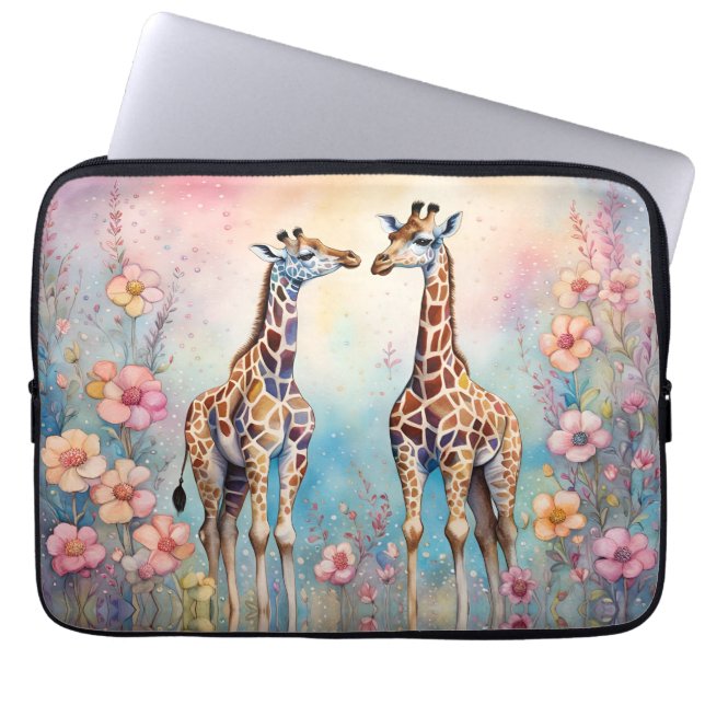 Pair of Giraffes In a Pastel Garden Laptop Sleeve (Front)