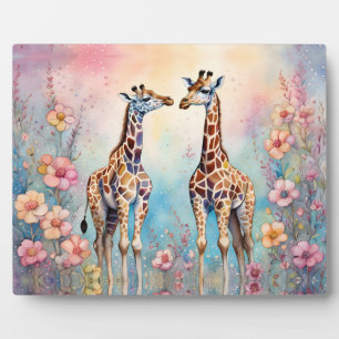 Pair of Giraffes in Love in a Pastel Garden Plaque