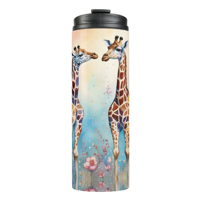 Pair of Giraffes in Love in a Pastel Garden Thermal Tumbler (Front)