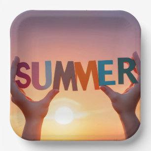 Pair of Hands Holding Summer Text Paper Plate