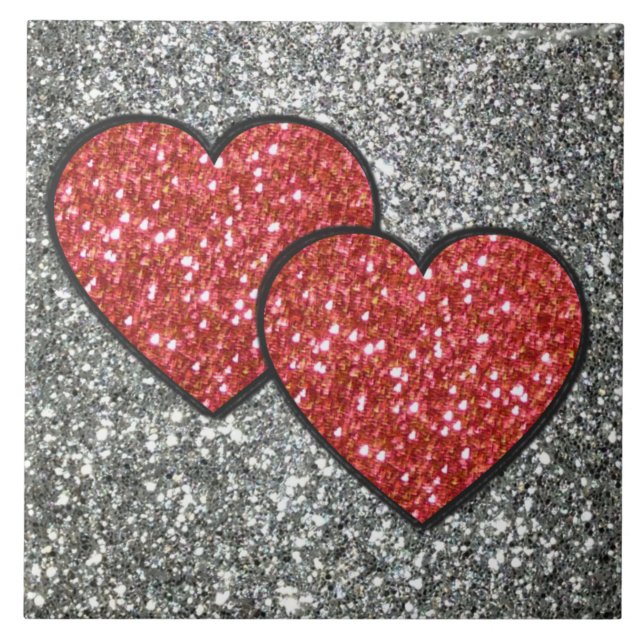 Pair of Hearts in Red Glitter Tile (Front)