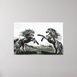 Pair Of Horses In Black and White   Canvas Print