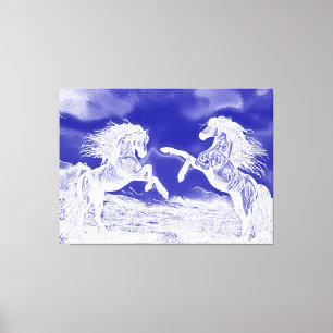 Pair Of Horses in Blue & White V4 Canvas Print