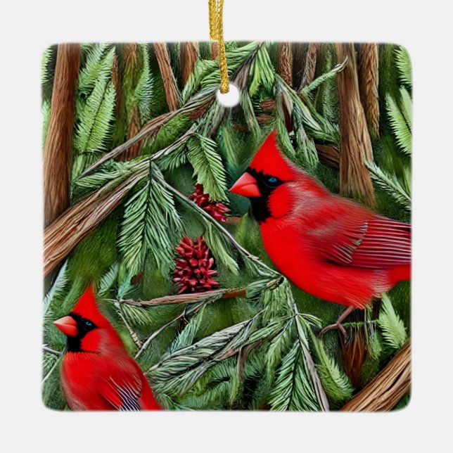 Pair of Majestic Wild Red Cardinals Ceramic Ornament (Front)