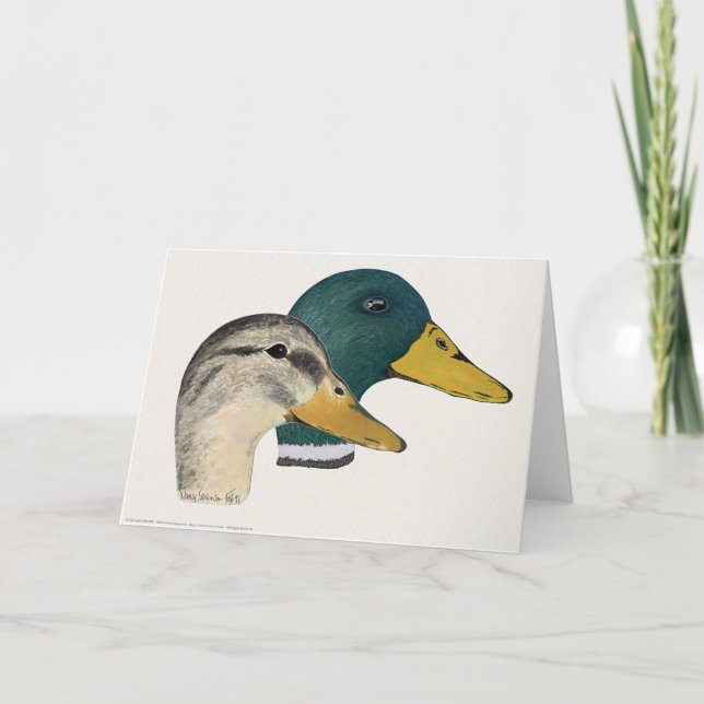 Pair of Mallard Ducks, Drake and Hen, Watercolor Card (Front)