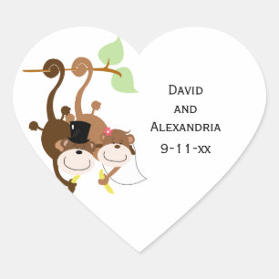 Pair of Monkeys in a Tree Wedding Bridal Favour Heart Sticker