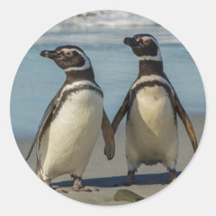Pair of penguins on the beach classic round sticker