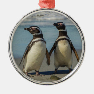 Pair of penguins on the beach metal tree decoration