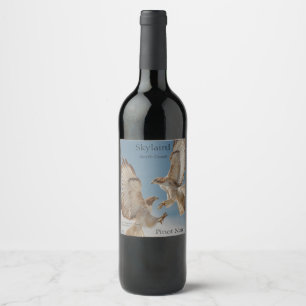 Pair of red-tailed hawks in courtship dance wine label