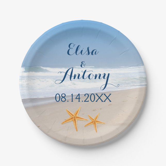 Pair of starfish destination beach wedding paper plate (Front)