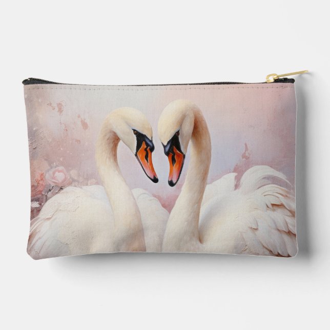 Pair of Swans on Pink Floral Accessory Pouch (Back)