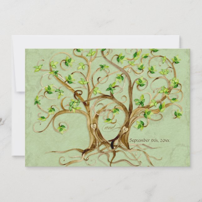 Pair of Swirl Tree Roots Antiqued Green Parchment Invitation (Front)