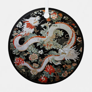 Pair of White Asian Dragons Metal Tree Decoration