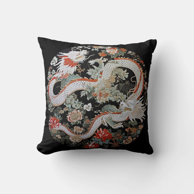 Pair of White Asian Dragons Throw Pillow (Front)