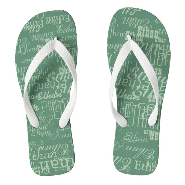 Pair of White Flip Flops with Dusty Green Names (Footbed)