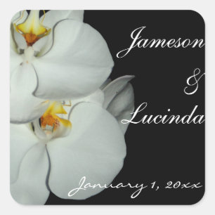 Pair of White Orchids Personalised Wedding Square Sticker