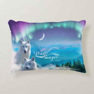 Pair of white wolves with northern lights decorative cushion