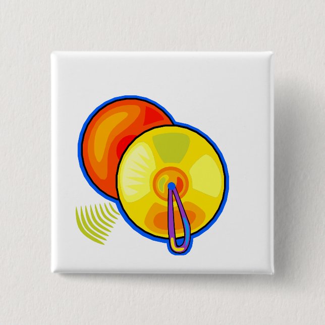 Pair of yellow cymbals outlined in blue graphic 15 cm square badge (Front)