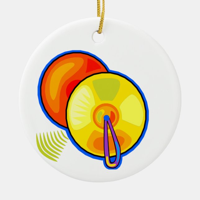 Pair of yellow cymbals outlined in blue graphic ceramic tree decoration (Front)