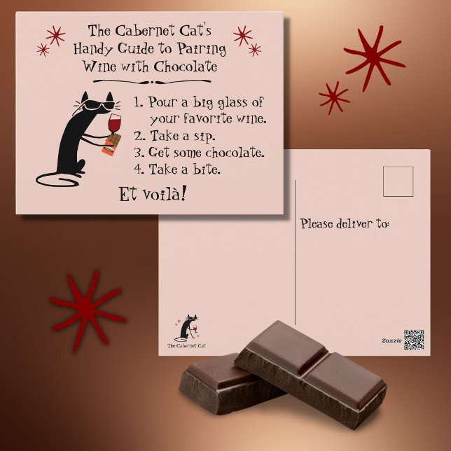Pairing Wine with Chocolate Funny Cat Postcard (Creator Uploaded)