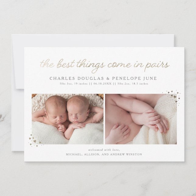 Pairs Twin Birth Announcement in Faux Gold Foil (Front)