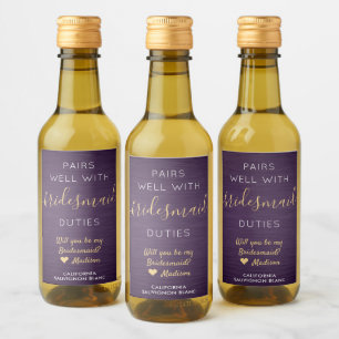 Pairs Well Bridesmaid Proposal Purple & Gold Mini Wine Label