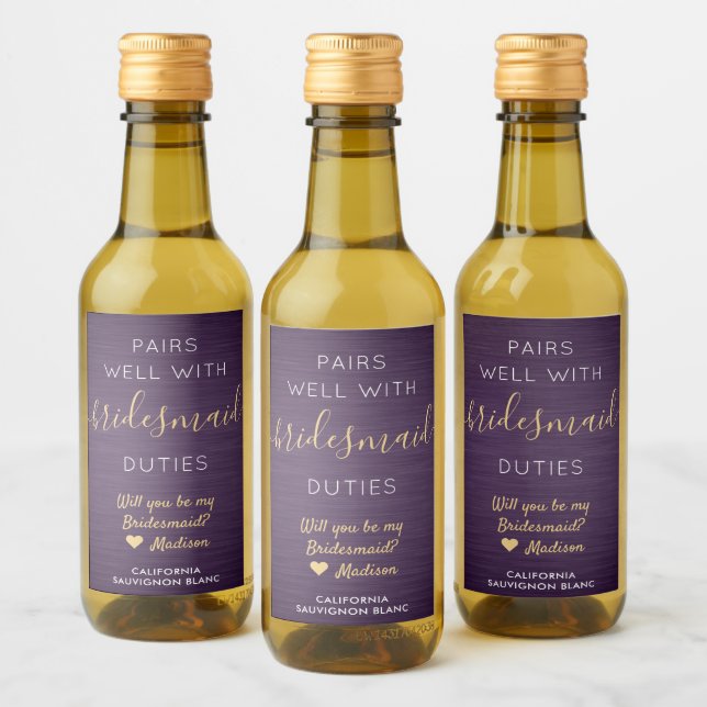 Pairs Well Bridesmaid Proposal Purple & Gold Mini Wine Label (Bottles)