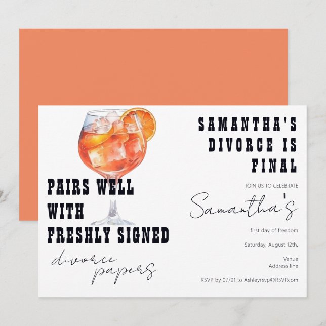 Pairs Well Divorce Papers Aperol Spritz Party Invitation (Front/Back)